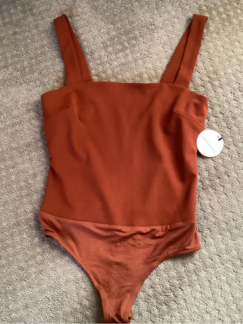 Lulus Basics Rust Square Neck Bodysuit, 1 1/2” straps, thong with double snaps,M